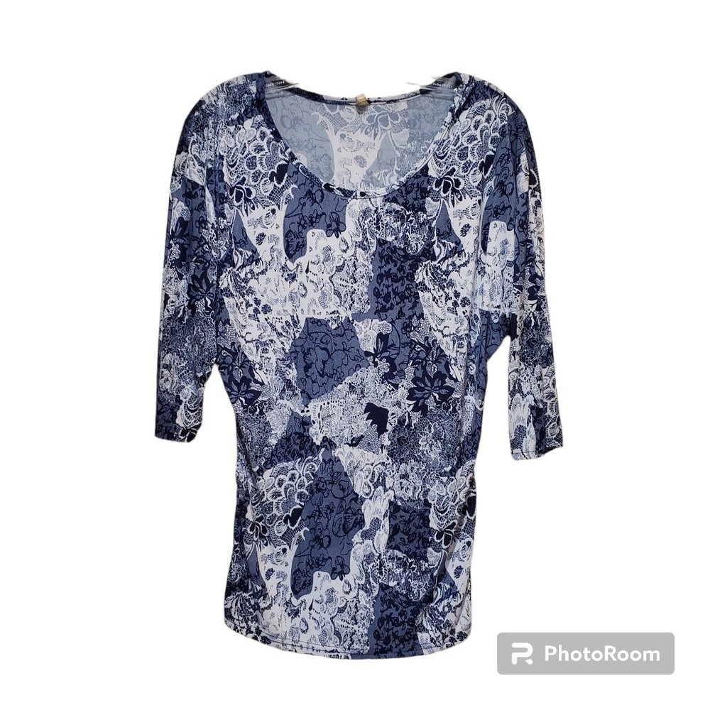 Michael F Navy Silver Contoured Stretch Blouse Size L